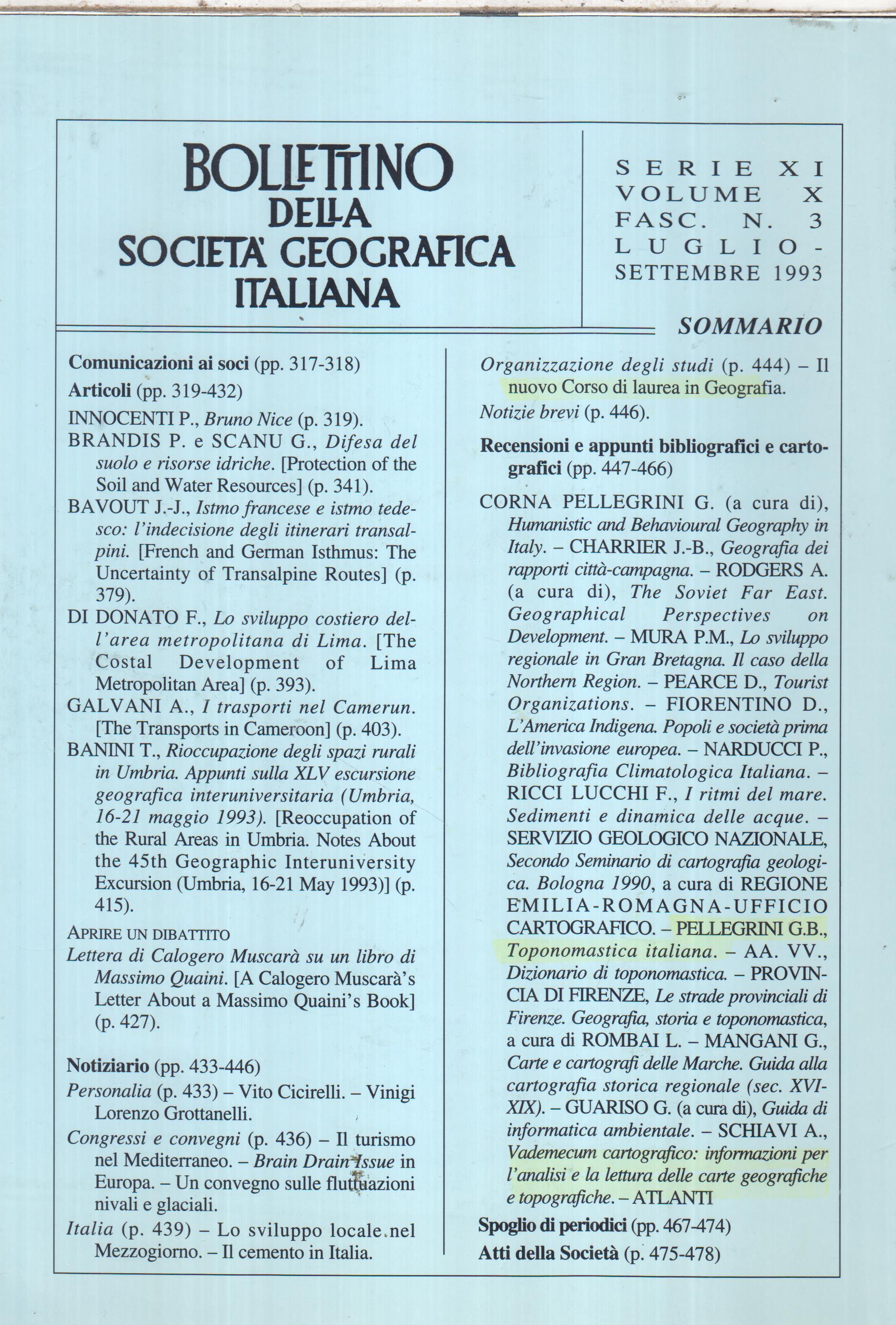 BOLLETTINO DELLA SOCIETÀ GEOGRAFICA ITALIANA (Fascicolo n. 3, Luglio-Settembre 1993)