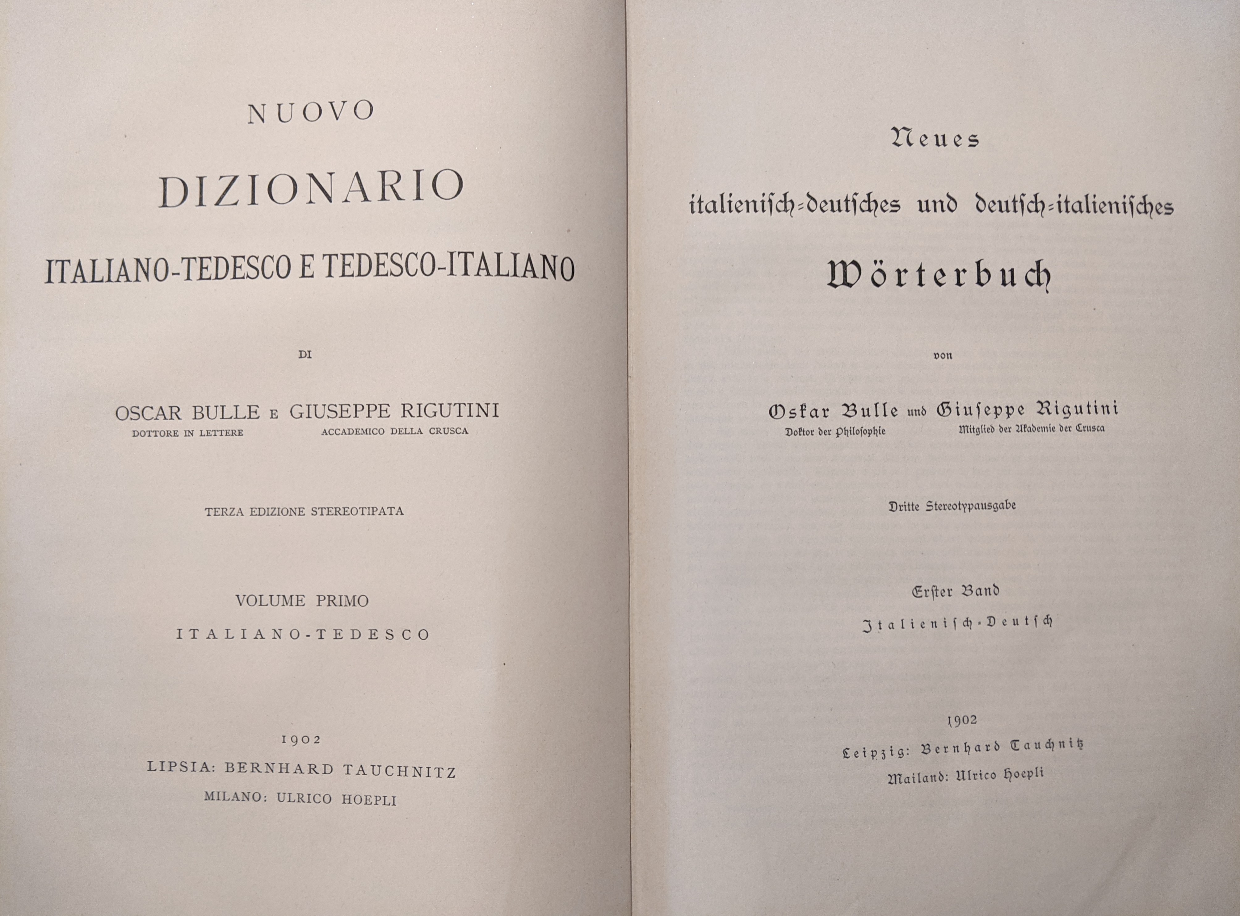 Nuovo Dizionario italiano-tedesco e tedesco-italiano di O. Bulle e G. Rigutini (volumi I e II)