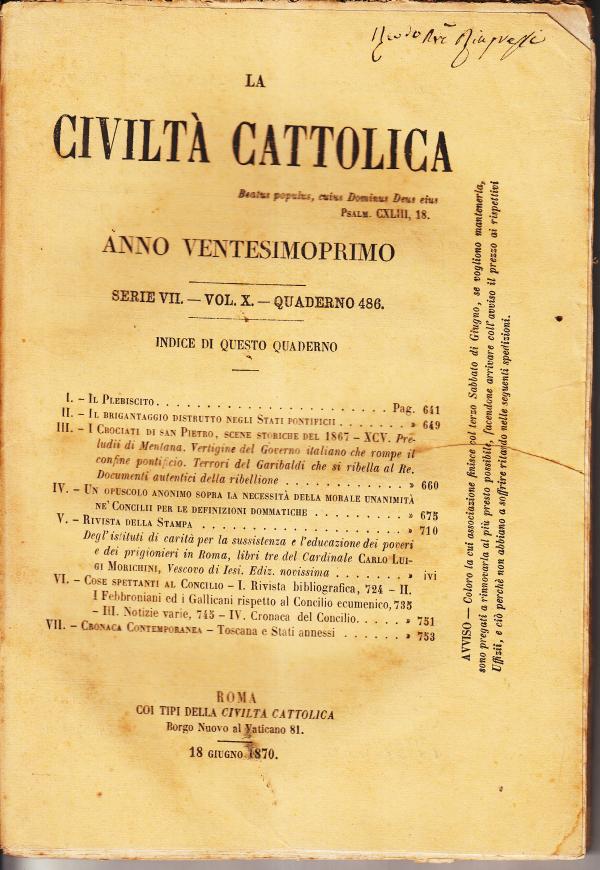 La Civiltà Cattolica Volume X Quaderno 486 - AA.VV. (12028)